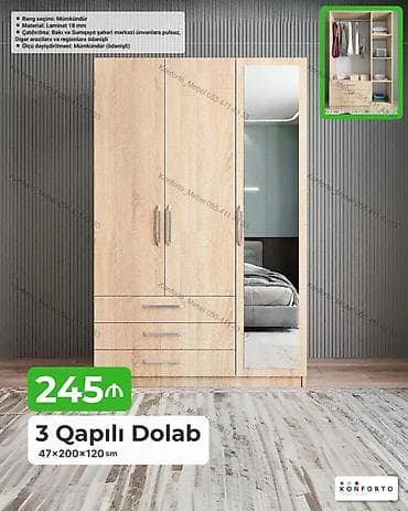 3 qapılı dolab – 47×200×120 sm - Material: 18 mm laminat - Rəng — 1