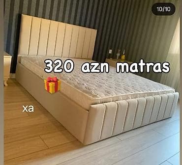 Mebel dəsti: yumşaq başlıqlı, krem rəngli taxta karkaslı çarpayı və