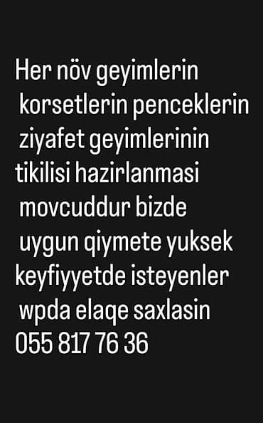 xırdalanda dərzi işi: Xüsusi tikiş xidməti - Hər növ geyimlərin fərdi ölçü ilə hazırlanması — 1