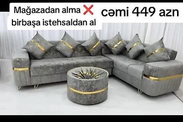 divan ofis: Künc divan dəsti – müasir dizayn - Rəng: boz, qızılı dekor xəttləri — 1