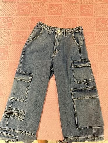 Kişi geyimləri: Geniş kəsimli denim kargo şalvar - Material: klassik mavi denim (cəmi — 1