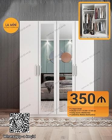 4 qapılı, Güzgülü, Ağ, Açılan, Düz dolab