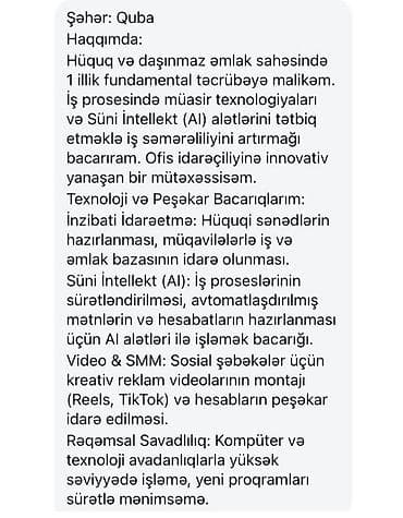 İş axtarıram (rezümelər): Hüquqşünas, 27 yaş, 1-2 illik təcrübə, Tam iş günü — 1