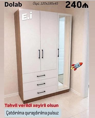 3 qapılı, Güzgülü, Ağ, Açılan, Düz dolab — 1