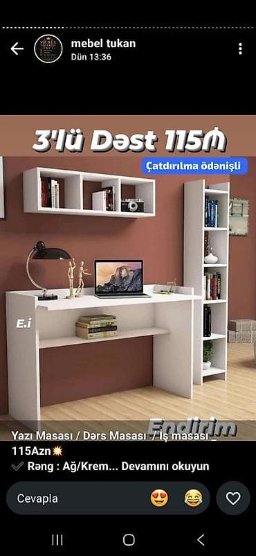 masa ev: 3-lü dəst: Yazı/Dərs/İş masası + asma 3 bölməli rəf + döşəmə tipli 4 — 1