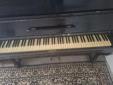 Клавишные инструменты: Qara rəngli, klassik üslubda akustik pianino. Korpus üzərində — 2
