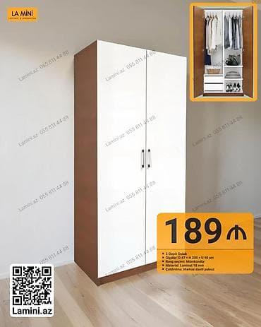 İki qapılı dolab - Ölçülər: D 47 × H 200 × U 90 sm - Rəng seçimi