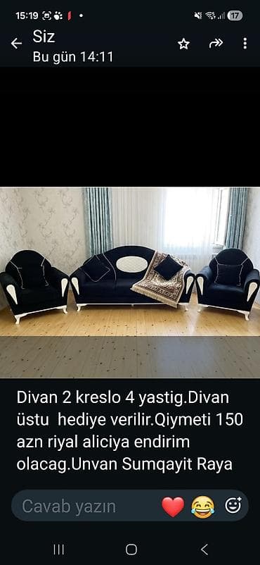 raya 40k: Qonaq otağı dəsti: 1 divan + 2 kreslo + 4 ədəd yastıq. - Rəng: qara — 1