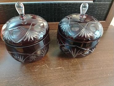 qend qablari: Kəhrəba-bənövşəyi rəngli kəsmə şüşə şirniyyat qabları (2 ədəd) - — 1