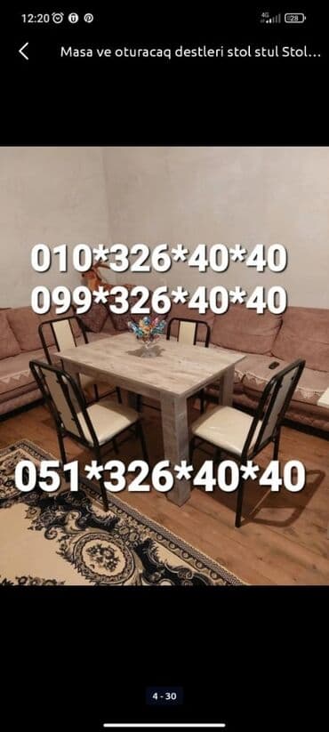 Masa və oturacaq dəstləri: Qonaq otağı üçün, Yeni, Açılan, Dördbucaq masa, 4 stul — 14