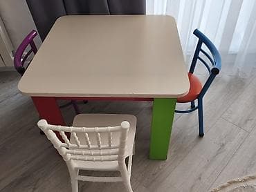 bag ucun stol stul: Rəngarəng uşaq masa-stul dəsti - Dəst tərkibi: 1 kvadrat masa + 3 — 1