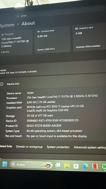 ASUS TUF Dash F15 (FX516PE) - Prosessor: 11-ci nəsil Intel Core