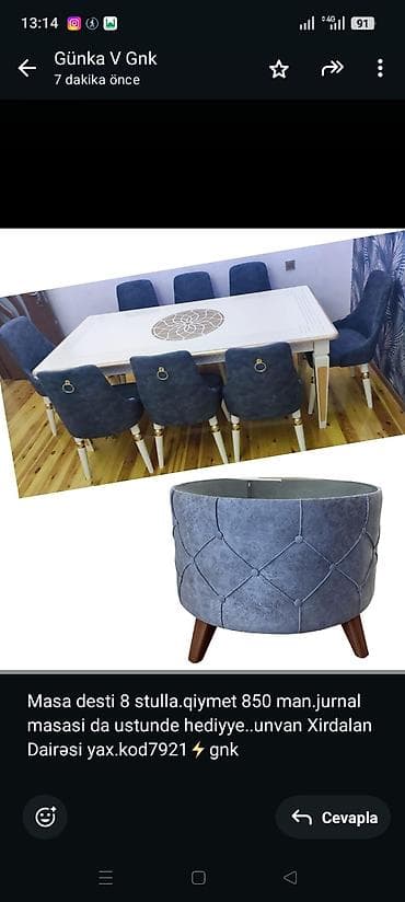 ushaq stolu: Masa desti 8 stulla.qiymet 850 man.jurnal masasi da ustunde — 1