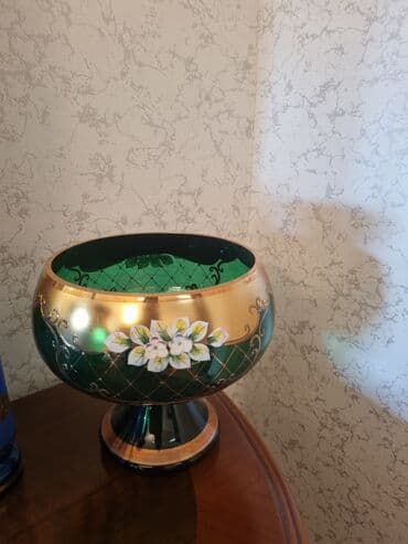 Mətbəx aksesuarları: Dekorativ şüşə qab – bədii rəsmli Güldan - Material: qalın şüşə - — 1