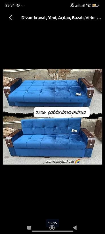 krep parca: Divan‑kravat, açılan, bazalı, velur örtüklü. - Model: Qollu, taxta — 1