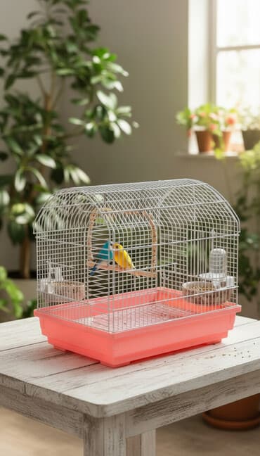 tutu quşları: Quş qəfəsi – geniş ölçülü, ağ metal barmaqlıqlar və çəhrayı/plastik — 1