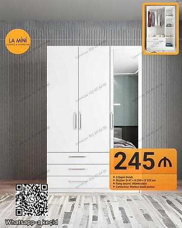 3 qapılı, Siyirməli, Ağ, Açılan, Düz dolab