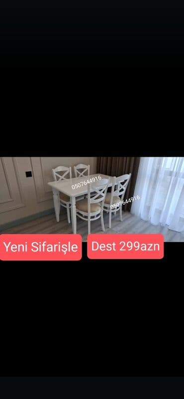 Mətbəx üçün, Yeni, Açılmayan, Dördbucaq masa, 4 stul