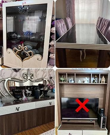 şüşə stollar: Qonaq otağı mebel dəsti - Vitrin dolab: Şüşə qapılı, içəridə rəflər; — 1