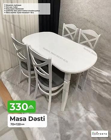 Masa dəsti – 70×120 sm - Oval formalı, zərif dizaynlı ağ masa -