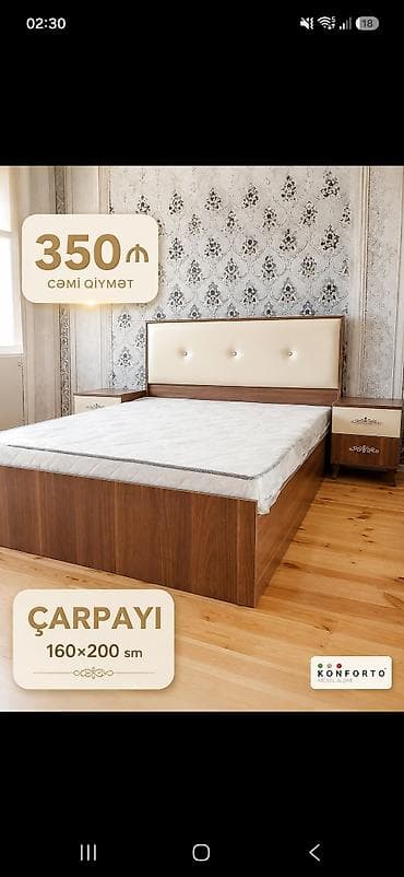 Çarpayı – 160×200 sm - Taxta gövdə, isti qoz rəngində örtük - Yumşaq