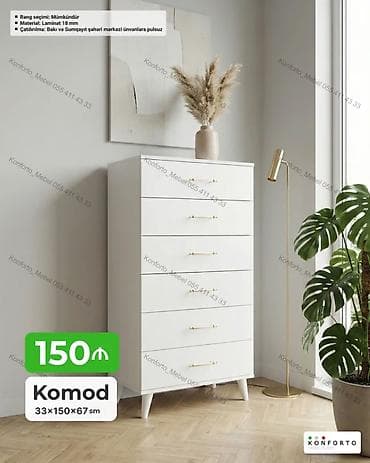 Ağ rəngli, minimal dizaynlı komod. Ölçü: 33 × 150 × 67 sm. 5 geniş — 1