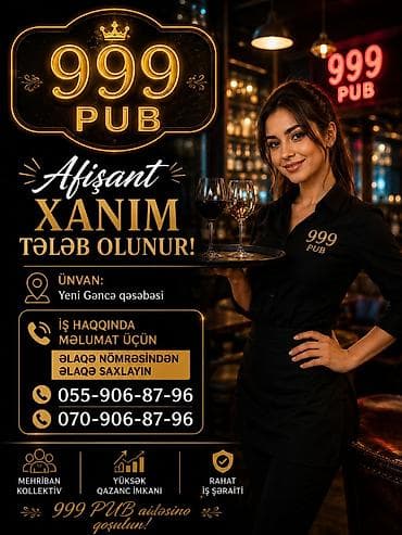 Ofisiant tələb olunur, Pivə barı, Gündəlik ödəniş, 18-29 yaş, 1 ildən az təcrübə