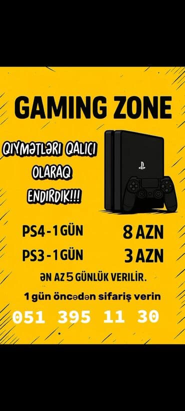 arenda generator: Playstation icaresi ps4 -1 gun 8 azn . ən az 5 günlük verilir Ps3 - 1 — 1