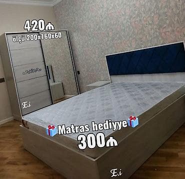 yatağa desti: Yataq otağı dəsti - Yataq: taxta karkaslı, yumşaq başlıq (mavi rəngli — 1