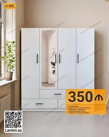 4 qapılı, Güzgülü, Ağ, Digər material, Açılan, Düz dolab