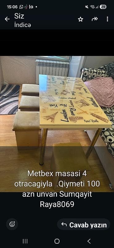 banner capı: Mətbəx masası və 4 ədəd oturacaq dəsti. - Ölçü: düzbucaqlı masa - — 1