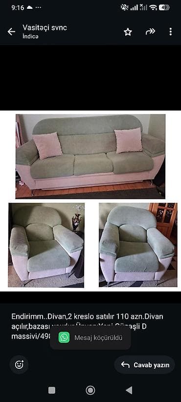 kreslo: Endirimm. Divan,2 kreslo satılır 110 azn.Divan açılır,bazası — 1