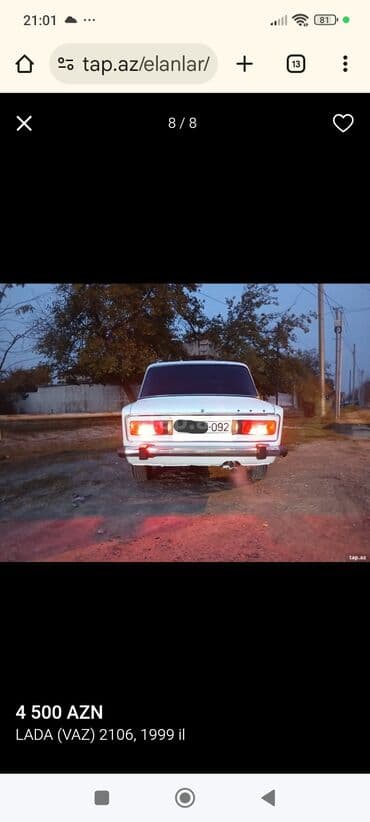 niva satisi: LADA (VAZ) 2106 – 1999 il, ağ rəngli sedan. Xüsusiyyətlər: - 4 qapı — 4