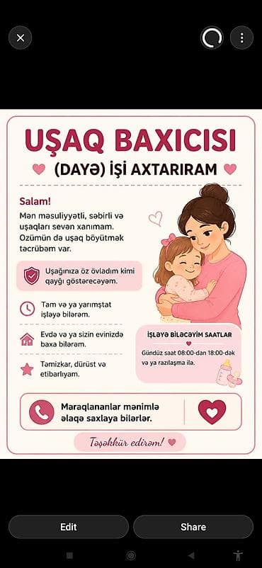 dayə elanları: Uşaq baxıcısı (dayə) xidməti - Məsuliyyətli, səbirli və uşaqları — 1
