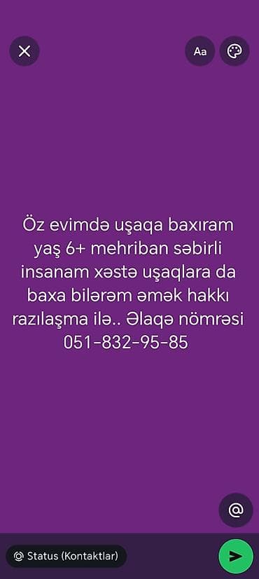 evde xadime: Öz evimdə uşaq baxımı xidməti təklif olunur. 6 yaşdan yuxarı uşaqlara — 1