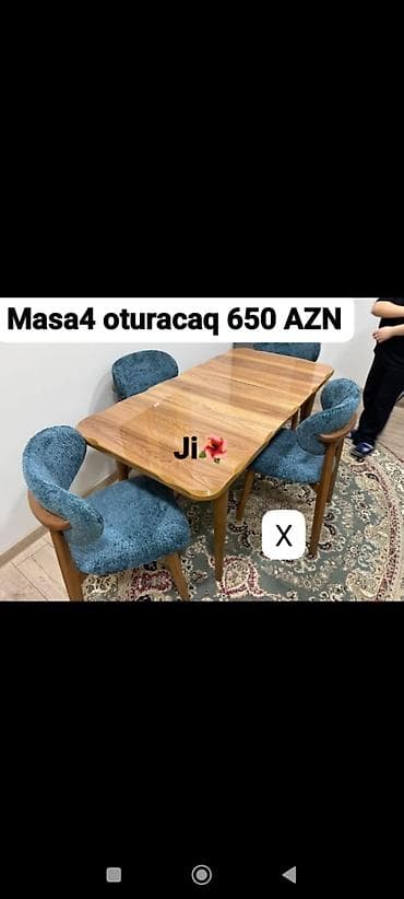 stol ustul: Mebel dəsti: Masa + 4 ədəd oturacaq - Masa: Təbii ağac rəngində — 1
