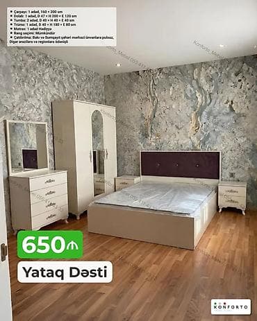 Yataq dəsti – 650₼ Komplektə daxildir: - Çarpayı: 1 ədəd, 160 × 200 — 1