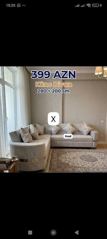 metbex kunc divan: Künc divan – 280 × 200 sm Qiymət: 399 AZN - Zərif açıq rəngli parça — 1
