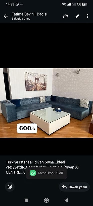 hovsanda: Türkiyə istehsalı divan 600₼. İdeal vəziyyətdə. Demək olar ki — 1