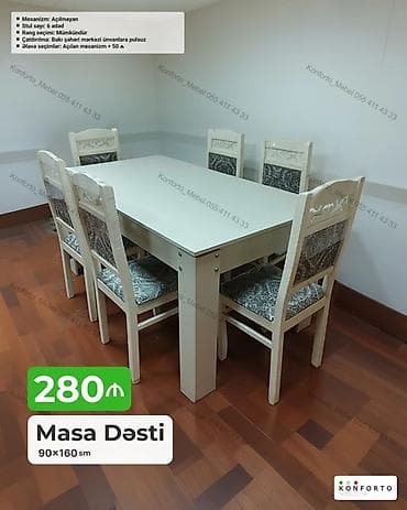 kohnə stul: Masa dəsti – 90×160 sm - Komplekt: 1 masa + 6 stul - Mexanizm — 1