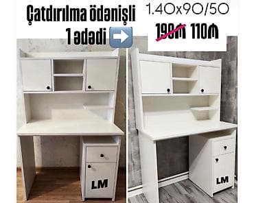 ders masa: Ağ rəngdə funksional yazı masası və üst dolablı rəf sistemi. Ölçü — 1