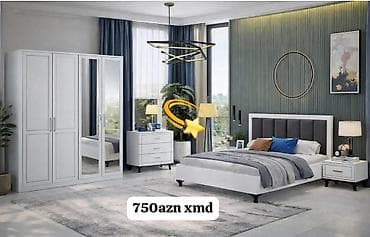 tum: Müasir yataq otağı dəsti - Rəng: ağ korpus, boz yumşaq başlıq — 1