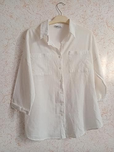 yeni herbi forma: Ağ rəngli qadın köynəyi – UMK brendi.Kətandır - Klassik yaxalıq, ön — 1