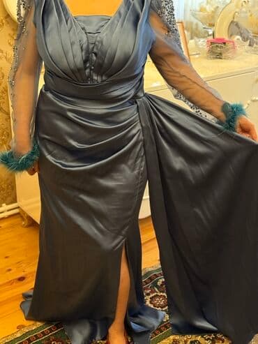 boyuk bədən paltarlar: Göy atlas ziyafət donu satılır. Xanım artıq çəki verdiyinə görə paltar — 7