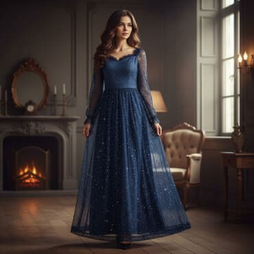 Toy paltarları və aksesuarları: Mavi rəngli, ulduz naxışlı uzun ziyafət donu. Şifona bənzər parlaq — 1