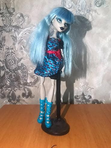 Monster High tərzində moda kuklası və dayağı - Uzun açıq-mavi saçlı