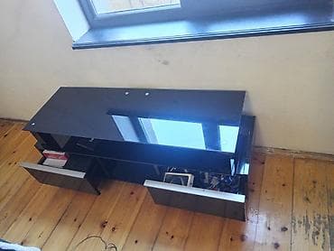 parta stol: Qara şüşə TV stendi - Material: parlaq qara temperli şüşə yuxarı səth — 1