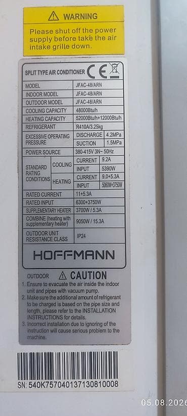 mini kondisaner: Hoffmann JFAC-48/ARN döşəmə-tipli split kondisioner Texniki — 2