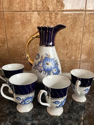 Çay dəsti, rəng - Göy, Farfor, 5 nəfərlik, Yaponiya — 2