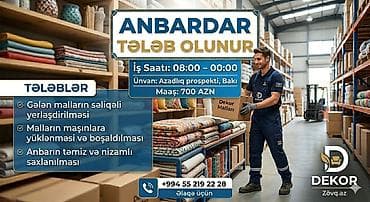 Anbardar tələb olunur, 18-29 yaş, 1-2 illik təcrübə, Aylıq ödəniş — 1